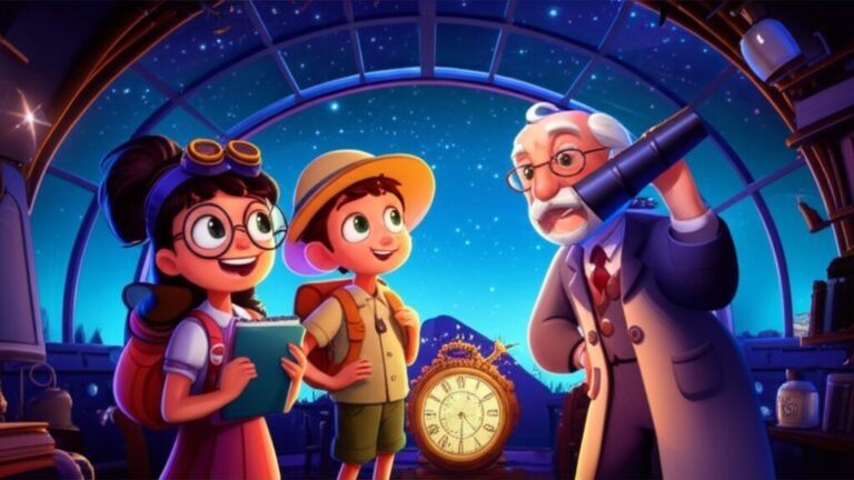 História Infantil sobre União: Ilustração vibrante de Luna, Kiko e Professor Astrogildo consertando o Relógio Cósmico em um observatório, com um céu estrelado ao fundo.