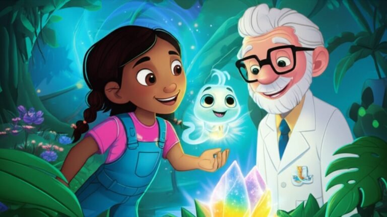 História Infantil sobre valores: Lia, o Professor Astolfo e Flick na Estufa do Cristal Astral, demonstrando amizade e coragem para restaurar o brilho da cidade flutuante de Aethelburg. A imagem mostra a protagonista Lia, o Professor Astolfo e o vaga-lume Flick em um cenário futurista com plantas brilhantes, o Cristal Astral irradiando luz e cores vibrantes, simbolizando a aventura e os valores explorados na história.