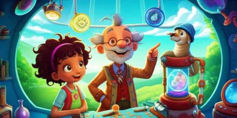 História Infantil sobre Valores para Imprimir: Ilustração do Professor Bento, Sofia e Juba em um laboratório futurista, com a Máquina de Valores, que imprime símbolos brilhantes.