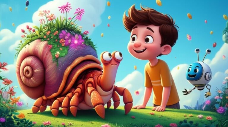 História Infantil: Imagem vibrante de Léo, o menino explorador, o caranguejo-ermitão Dona Corália e o robô Cícero em um jardim flutuante cheio de sementes coloridas, ilustrando A Máquina de Sementes Luminares.