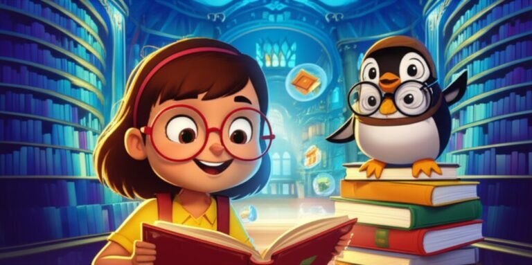 História Infantil sobre Valores PDF: Imagem colorida de uma menina e um pinguim inventor na Biblioteca Municipal de Lume, cercados por livros e a promessa de uma aventura cheia de descobertas e valores.