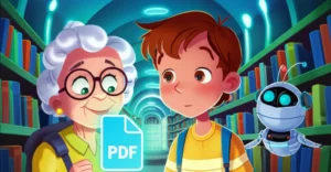História Infantil sobre valores pdf: O Segredo do Velho Arquivo Digital. Imagem de Pedro, Dona Aurora e Chip em uma biblioteca futurista desvendando um arquivo digital.