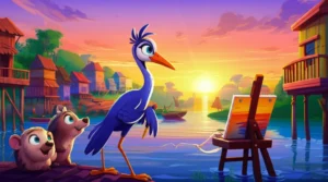 Ilustração da História Infantil A Garça Azul e o Brilho Escondido de Flora, mostrando Flora, a garça azul, com seu desenho, e seus amigos animais em um festival de arte. A imagem representa a superação da vergonha.