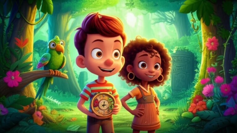 Ilustração da História Infantil sobre Viagem no Tempo, mostrando Téo, Luna e o Professor Sabichão explorando uma cidade perdida em uma floresta antiga, com o relógio de viagem no tempo.