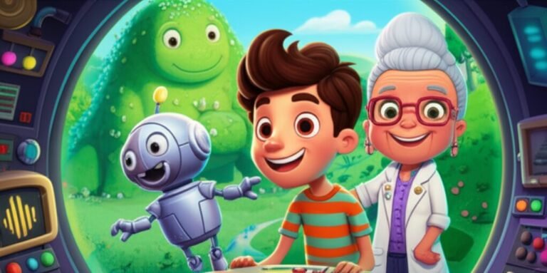 História Infantil sobre Viagem no Tempo: O Relógio Que Virou Passado e Futuro. Uma ilustração vibrante de uma máquina do tempo e seus viajantes.
