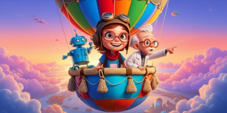 História Infantil A Odisseia do Balão Colorido de Lara, mostrando a menina Lara, o Professor Astrogildo e o robô Foguinho em seu balão sobrevoando mundos fantásticos.