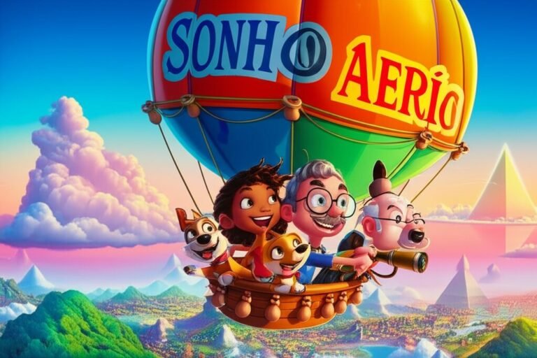 História Infantil: Imagem de um balão colorido, o Sonho Aéreo, com Valentina, Professor Bento e o cãozinho Joca, sobrevoando uma paisagem fantástica que representa suas viagens pelo mundo, destacando a aventura e a descoberta.