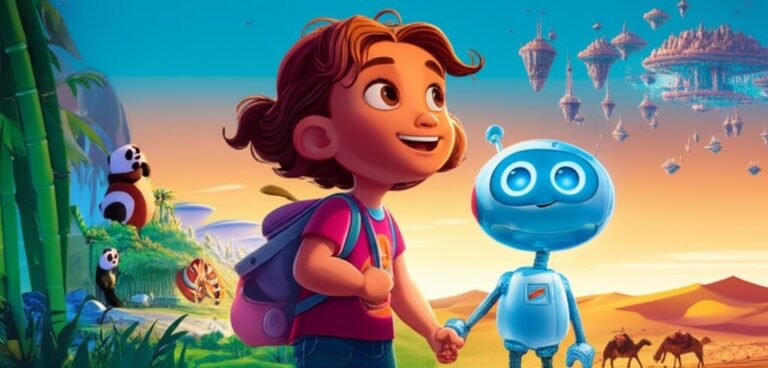 História Infantil sobre viagens pelo mundo: Ilustração vibrante de Nina, uma menina aventureira, e Pipo, seu robô companheiro, explorando uma floresta de bambu e dunas do deserto, com uma cidade futurista ao fundo.