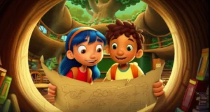 História Infantil sobre A Grande Descoberta de Léo e o Mapa Escondido, ilustrando duas crianças explorando uma escola construída dentro de uma árvore gigante.