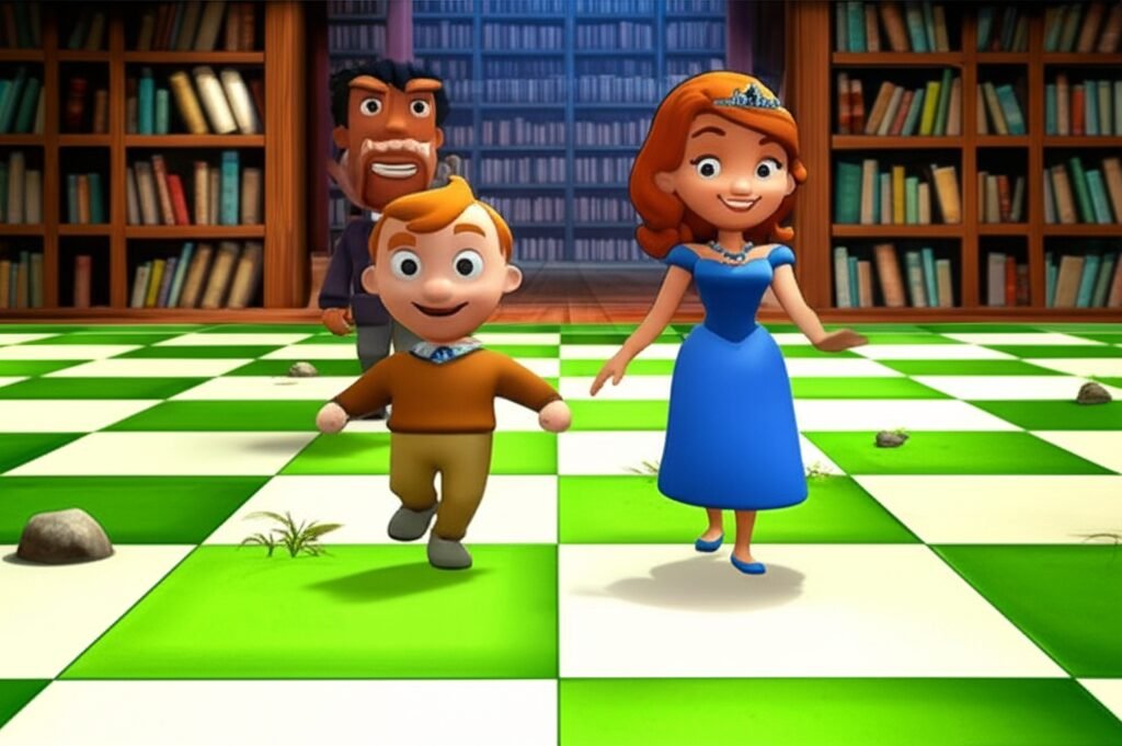 História Infantil sobre Xadrez com Pedrinho, Rainha Sofia e Torre Olímpio em um tabuleiro gigante de xadrez, pronto para a aventura.