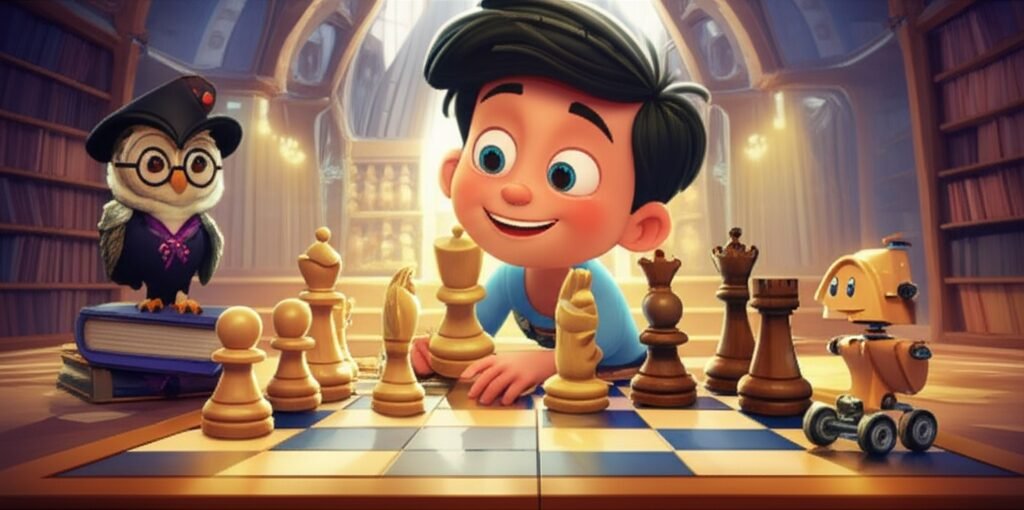 História Infantil: Ilustração de Bento, um menino curioso, ao lado de uma coruja sábia, Professora Minerva, e um robô Bispo Blim-Blim, todos olhando para um tabuleiro de xadrez gigante em um salão de biblioteca futurista. A imagem representa a jornada de aprendizado do xadrez.