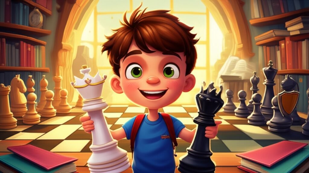 História Infantil: O Segredo do Tabuleiro Cintilante, ilustração de um menino e peças de xadrez em um tabuleiro gigante.