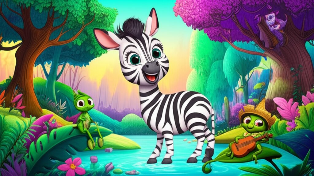 Imagem de capa para a História Infantil A Listra Perdida de Zebrinha Zazá, apresentando a zebrinha Zazá, o grilo Gilberto e a coruja Dona Florinda em uma floresta mágica e colorida.