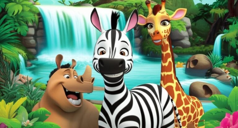 Ilustração da História Infantil A Listrada Aventura de Zico no Vale dos Sons, mostrando a zebra Zico com seus amigos girafa Florinda e rinoceronte Barroco em um vale exuberante com uma cachoeira musical.