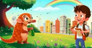 Imagem da História Infantil sobre a zona rural e urbana, mostrando Cacau, o pangolim, e Léo, o artista, em um cenário que une o campo vibrante e a cidade iluminada. A ilustração sugere amizade e novas aventuras, representando a essência da História Infantil O Abraço Inesperado de Cacau e Léo.