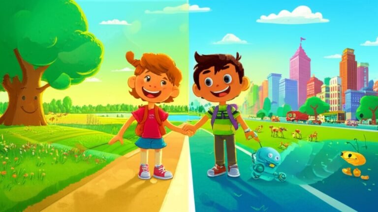 História Infantil: Lia e Pedro exploram a zona rural e urbana, simbolizando a amizade e a descoberta de mundos distintos.