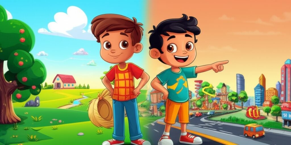 História Infantil O Grande Troca de Mundos de Mateus e Léo: Uma imagem alegre de dois meninos, Mateus e Léo, representando a zona rural e urbana, em um cenário que une o campo verdejante e a cidade vibrante, simbolizando a amizade e a descoberta de diferentes mundos.