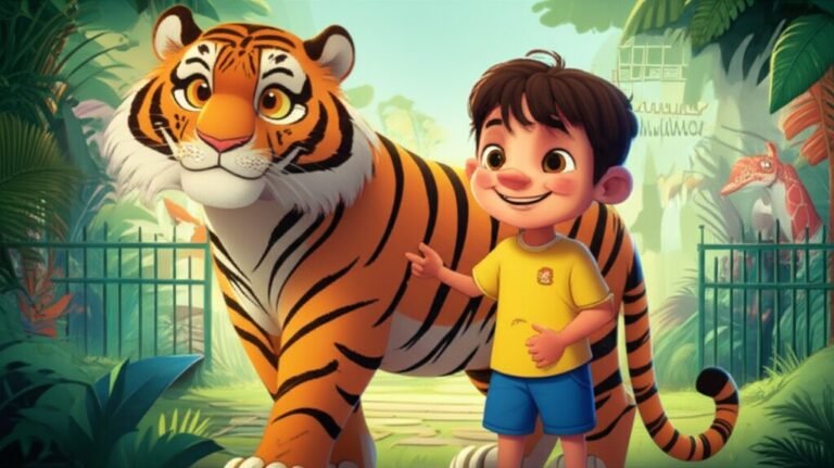 História Infantil sobre a aventura no zoológico, mostrando um menino sorridente e uma tigresa amigável em um ambiente colorido e cheio de vida, retratando a amizade e o carinho entre eles.