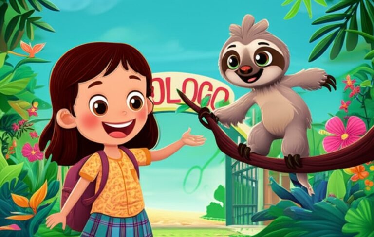 História Infantil: Imagem vibrante de Olívia e Léo, o bicho-preguiça rápido, no Zoológico Paraíso Animal, representando a amizade e a aventura do título História Infantil sobre Zoológico: A Surpreendente Corrida do Léo.