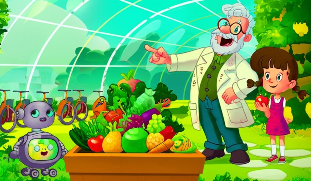 História Infantil sobre alimentação saudável. Imagem de Lia, Bento e Professor Sabichão na Horta Flutuante, cercados por frutas e vegetais coloridos, representando a importância da nutrição e da energia dos alimentos para a saúde.