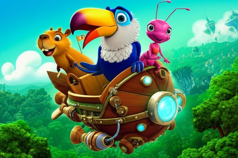 Ilustração da História Infantil sobre amigos, mostrando uma capivara, um tucano e uma formiga em um dirigível voando sobre uma floresta, com uma cidade flutuante ao fundo.