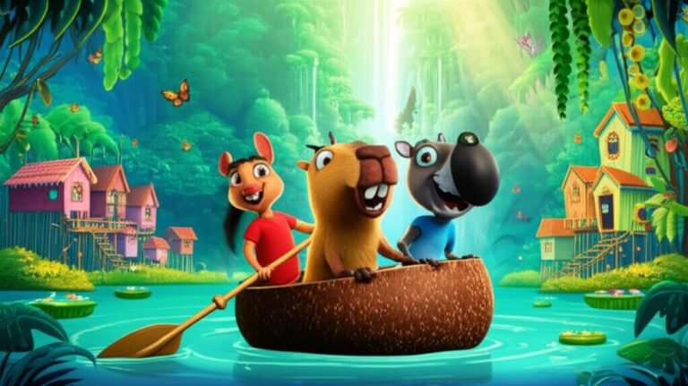 História Infantil sobre a amizade: Ilustração vibrante dos personagens principais, Cecília, Júlio e Pedro, remando em uma canoa na Amazônia, em busca da melodia perdida para salvar a Vila Flutuante das Águas Claras.