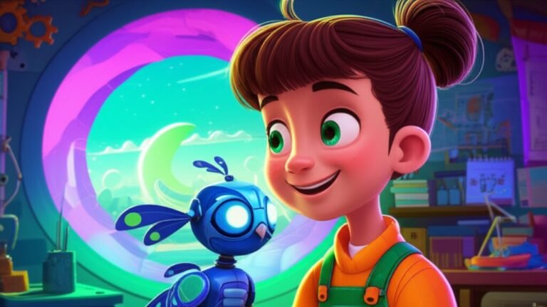 História Infantil sobre a amizade de Luna e seu pássaro robótico Raio, explorando um portal cósmico. A imagem mostra Luna e Raio em um cenário de invenções, com um portal mágico ao fundo, transmitindo aventura e conexão.