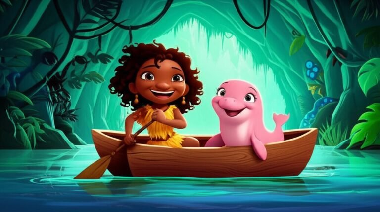 História Infantil: Ilustração de Tainá, uma menina, e Joca, um boto-cor-de-rosa, em um barco no rio amazônico, representando a amizade e a aventura de O Segredo do Relógio Estelar.