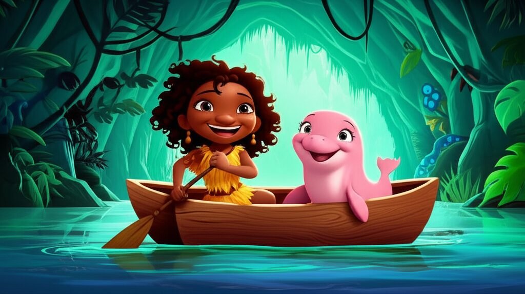 História Infantil: Ilustração de Tainá, uma menina, e Joca, um boto-cor-de-rosa, em um barco no rio amazônico, representando a amizade e a aventura de O Segredo do Relógio Estelar.