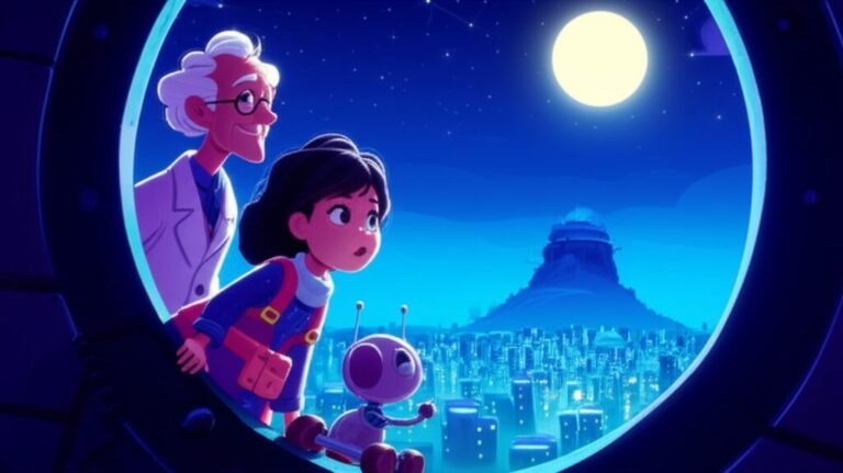 História Infantil sobre Amor ao Próximo: O Farol do Coração de Aurora. A imagem mostra Aurora, um robô e um cientista em um observatório, observando uma cidade futurista que está se iluminando.
