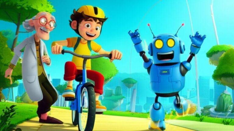 Uma História Infantil vibrante, com Leo andando de bicicleta na Cidade Brilhante, acompanhado pelo Professor Elísio e o robô Faísca.