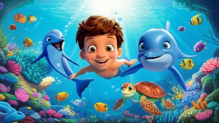 Imagem da História Infantil O Segredo do Coral Cintilante, com Kiko o menino, o golfinho Capitão Marinho e a tartaruga Dona Concha em um recife de coral submarino.