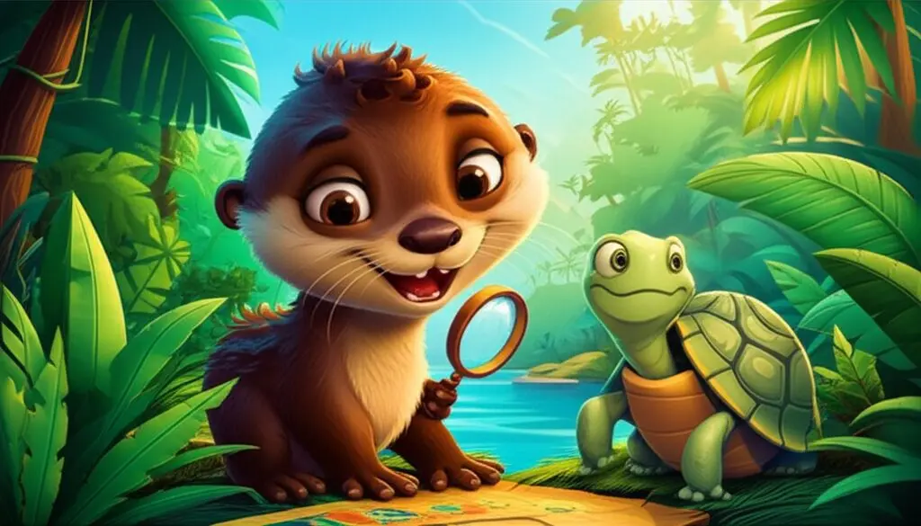 História Infantil: Ilustração dos personagens Fafá, a lontra, e Joca, o jabuti, lendo um mapa em uma floresta tropical para a história A Grande Aventura de Fafá e o Mapa Submarino.