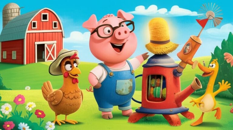 História Infantil: Imagem colorida de Beto, o porquinho inventor, com seus amigos Clara, a galinha, e Téo, o pato, ao lado da Máquina de Risadas na Fazenda Arco-Íris.