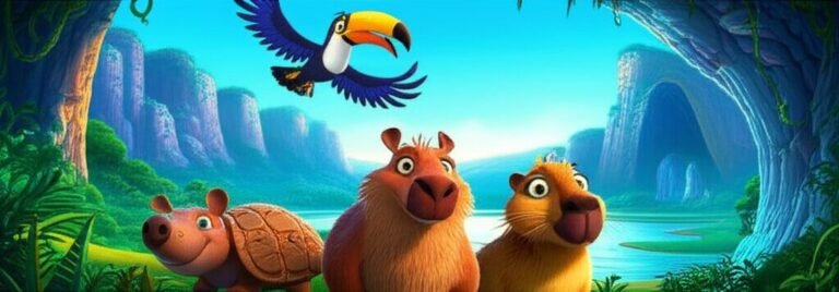Imagem da História Infantil O Segredo da Flor Luminosa da Chapada Encantada, mostrando um tatu-bola, uma capivara e um tucano em uma aventura colorida pela natureza exuberante, com montanhas e rios.