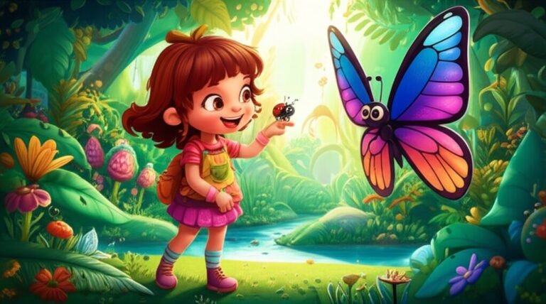 História Infantil sobre a aventura de Flora, a joaninha Pipoca e a borboleta Clementina no Jardim Cromático Escondido, restaurando as cores.