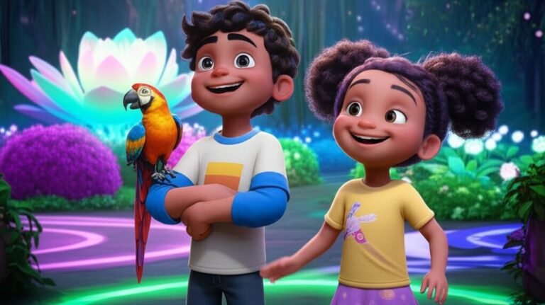 História Infantil sobre autismo: Ilustração vibrante de Luan, Sofia e o papagaio Pintado em um jardim tecnológico colorido, representando a amizade e a compreensão das diferenças na História Infantil O Mundo de Cores de Luan.