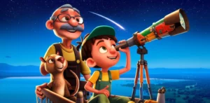 Uma ilustração colorida da História Infantil Léo, o Inventor de Estrelas e o Sonho Esquecido, mostrando Léo, uma capivara e o Senhor Pedro olhando uma estrela cadente através de um telescópio.