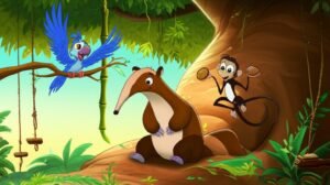História Infantil sobre O Ritmo da Amizade na Grande Mangueira, mostrando um tamanduá-bandeira, uma arara-azul e um macaco-prego tocando instrumentos de percussão na floresta.
