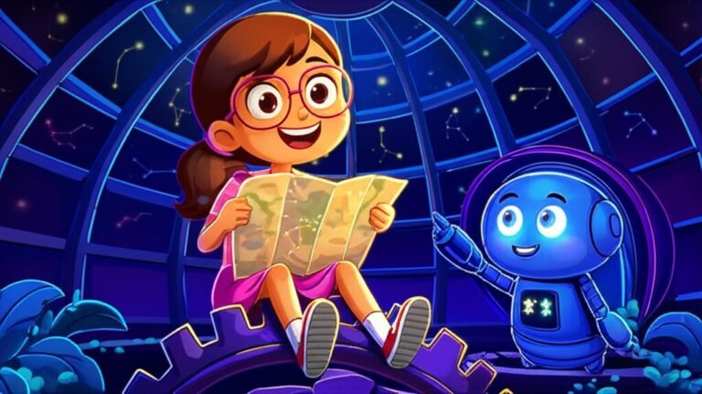 História Infantil O Segredo do Robô Gentil e a Amizade no Observatório Estelar, mostrando Betina e o robô Otto no observatório.