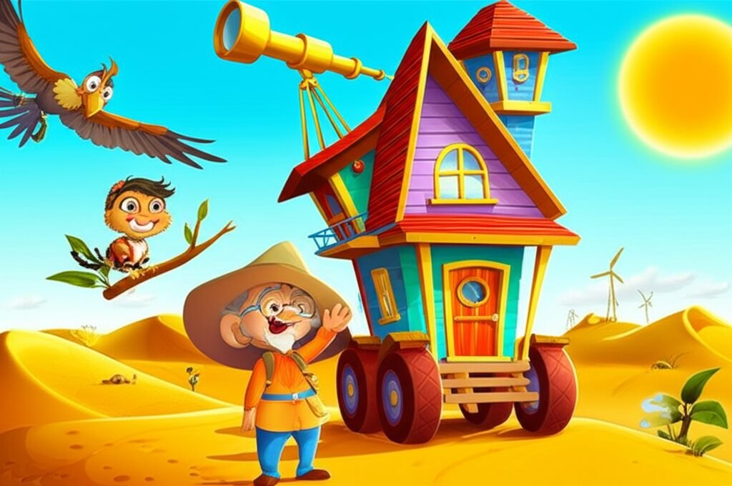 Texto alternativo: História Infantil A Casa Andarilha do Professor Astrogildo, com o Professor, Pipa a aranha e Bento o carcará em frente à sua casa colorida com rodas, explorando um cenário de dunas douradas.