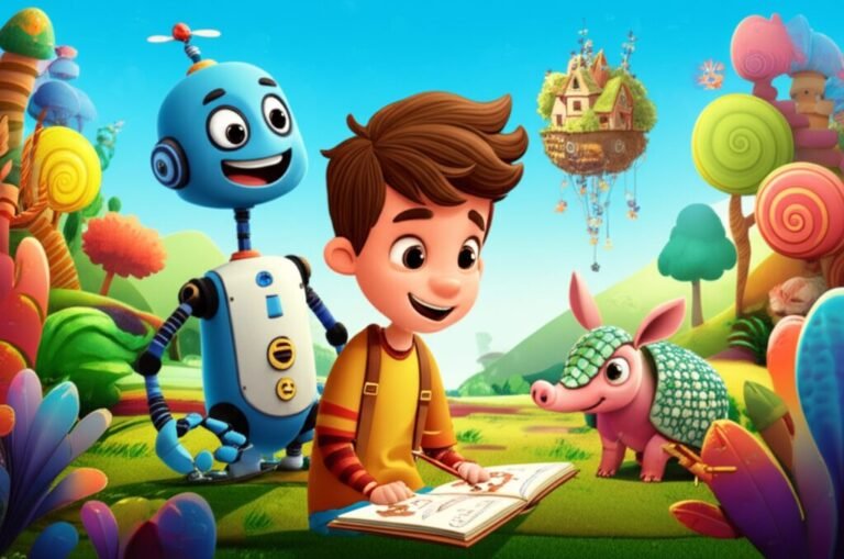 Imagem da História Infantil sobre Casa: A Morada Flutuante de Olavo, mostrando os personagens principais Olavo, Bolinha e Robério em uma paisagem colorida, simbolizando a aventura e o valor do lar.