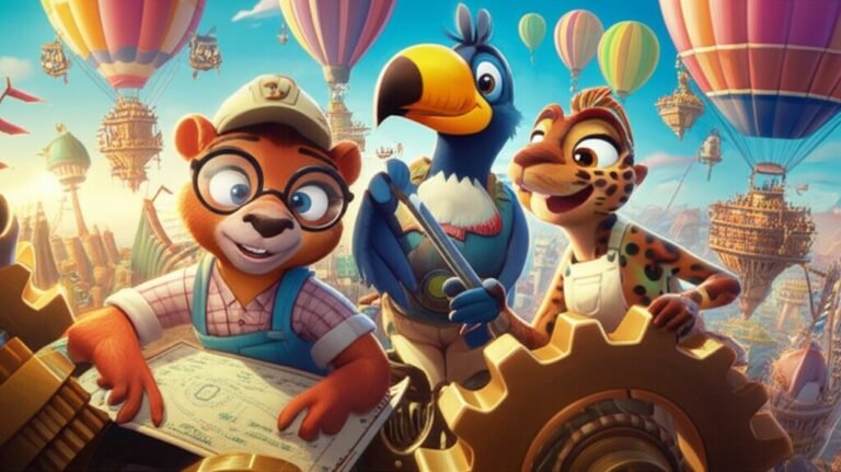 História Infantil sobre Colaboração: O Enigma da Cidade Flutuante. Imagem vibrante de Mariana, Joaquim e Isadora colaborando para consertar a cidade flutuante de Aerovila, simbolizando o poder do trabalho em equipe.