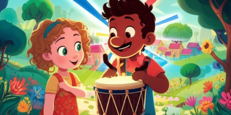 História Infantil sobre Consciência Negra: Mário tocando um tambor que irradia cores, simbolizando a diversidade e o orgulho de sua herança, com sua amiga Isadora ao lado, em uma vila colorida.
