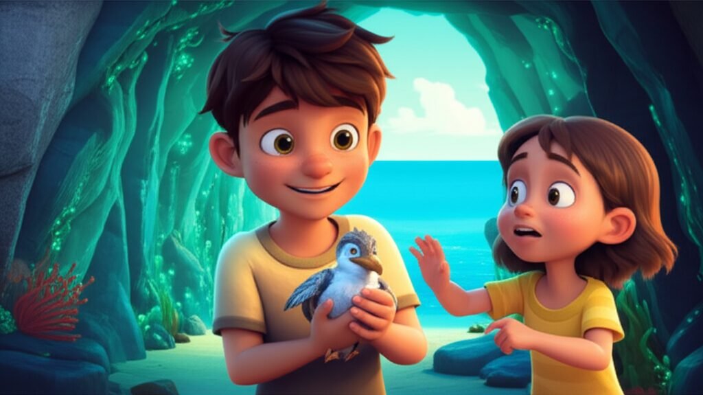 História Infantil sobre Coragem: Ravi, um menino com um filhote de gaivota, Amora, e a Gruta Cintilante iluminada por algas bioluminescentes.