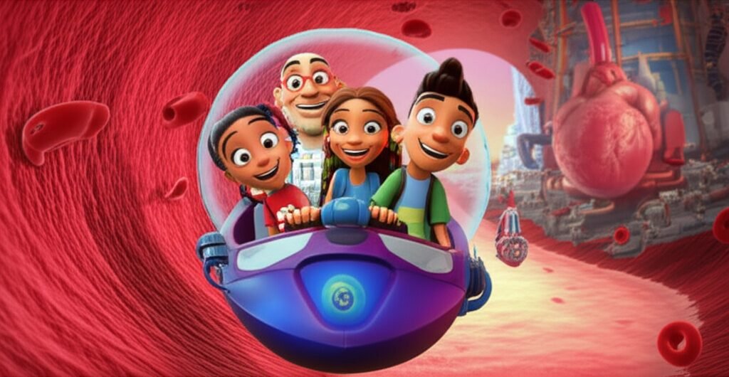 História Infantil sobre O Segredo do Tio Biovida e a Máquina de Minivisitas, mostrando os personagens Luna, Leo e Tio Biovida explorando o interior do corpo humano.