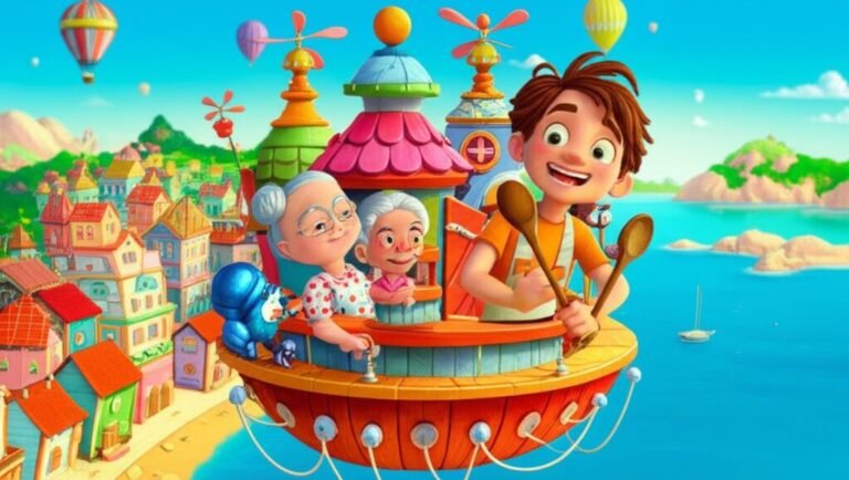 História Infantil sobre cozinhar: Confeitaria voadora com Vovó Aurora, Joca e Pingo, preparando um bolo especial.