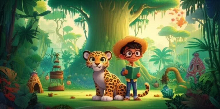 História Infantil sobre Desmatamento: O Segredo da Floresta Sussurrante, mostrando Jurema a onça e o menino Bento em uma floresta exuberante, criando arte para proteger a natureza.