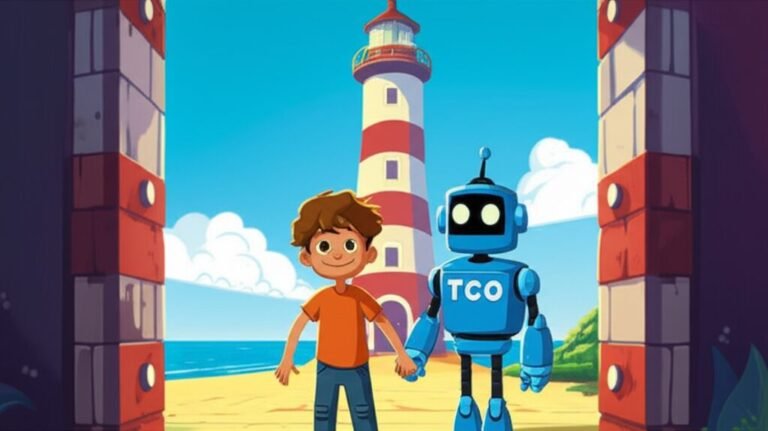 História Infantil sobre Dia dos Pais: Leo e seu robô Teco em uma aventura no Farol do Tempo para encontrar a Flor do Tempo. A imagem mostra a alegria da descoberta e a força do amor familiar.