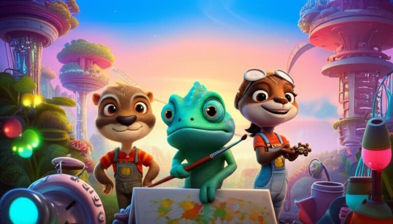 História Infantil: Ilustração vibrante de Cadu, o camaleão artista, Lúcia, a lontra engenheira, e Joaquim, o jaguatirica jardineiro, celebrando suas diferenças no Planeta Harmonia.